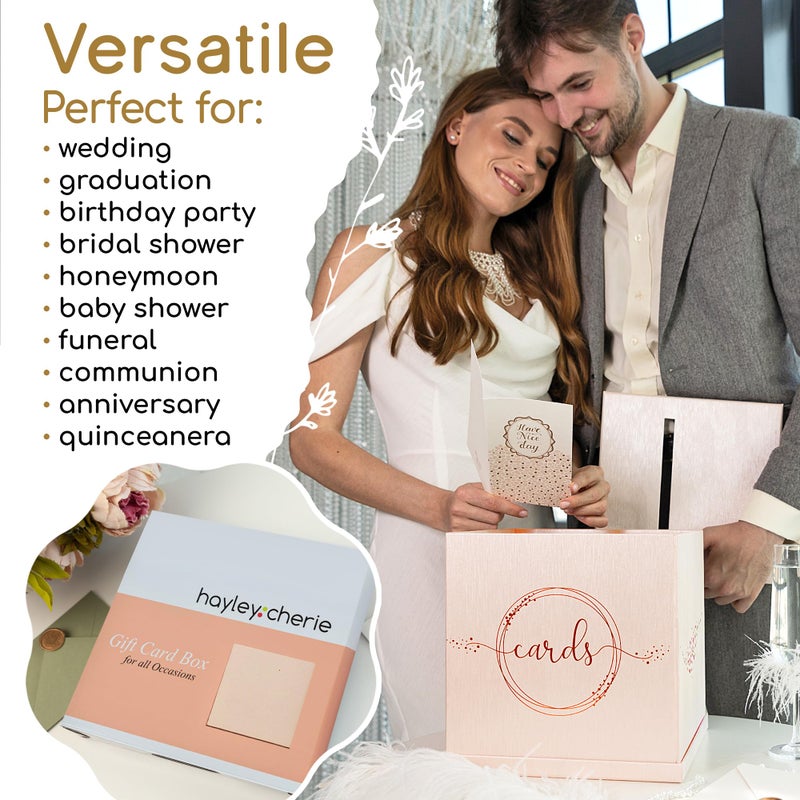 Hayley Cherie Pink Rose Gold Card Box for Party, Large 10â€ Gift Card Box Birthday, Bridal & Baby Shower, Wedding Reception, Graduation, Sweet 16, Quinceanera, Anniversary, Envelope Holder with Slot, Money Basket - Image 5